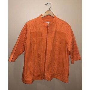 Tanjay Womens 18W Plus Vintage Orange Open Front Jacket Eyelet Pintuck Cardigan